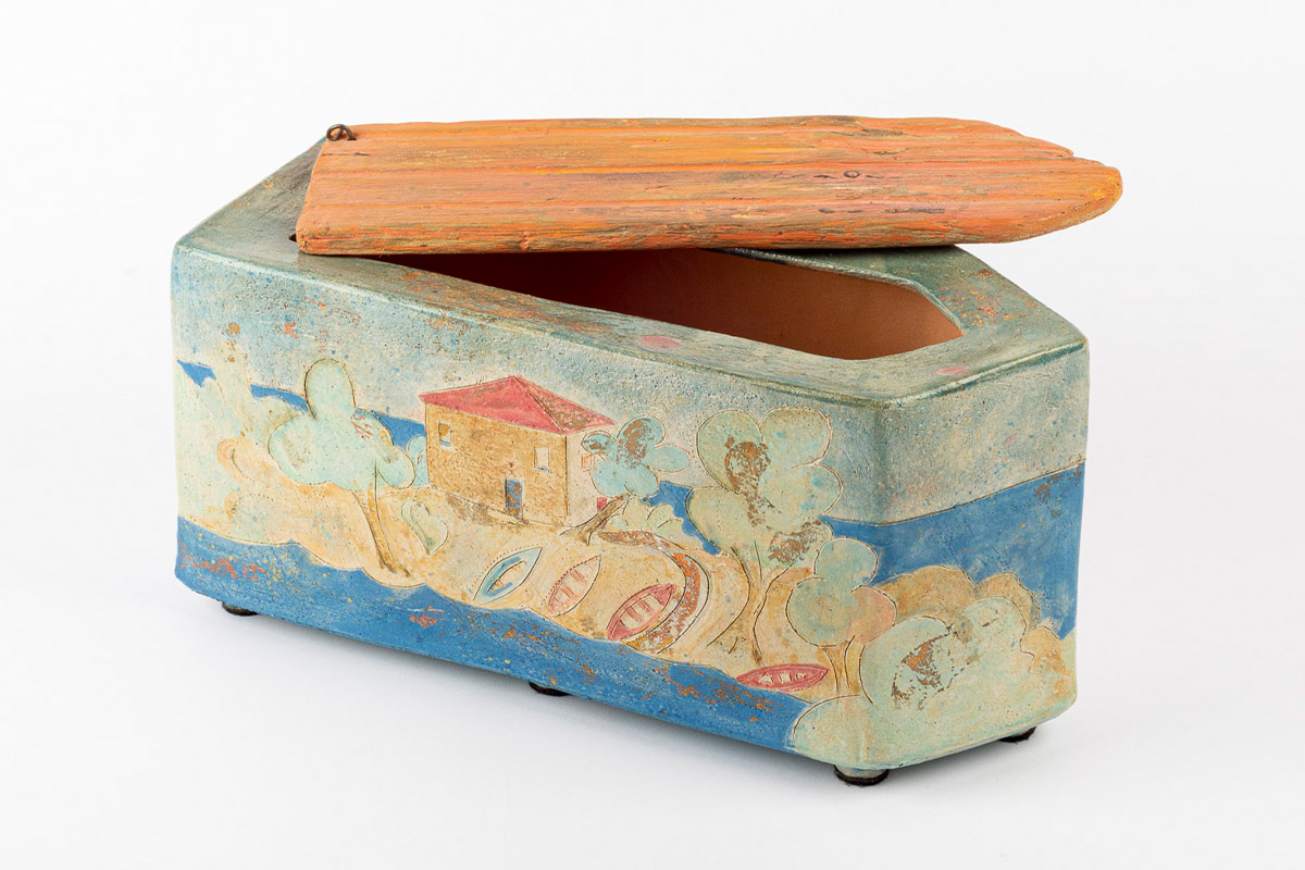 AGROPOLI decorated stoneware box with driftwood lid