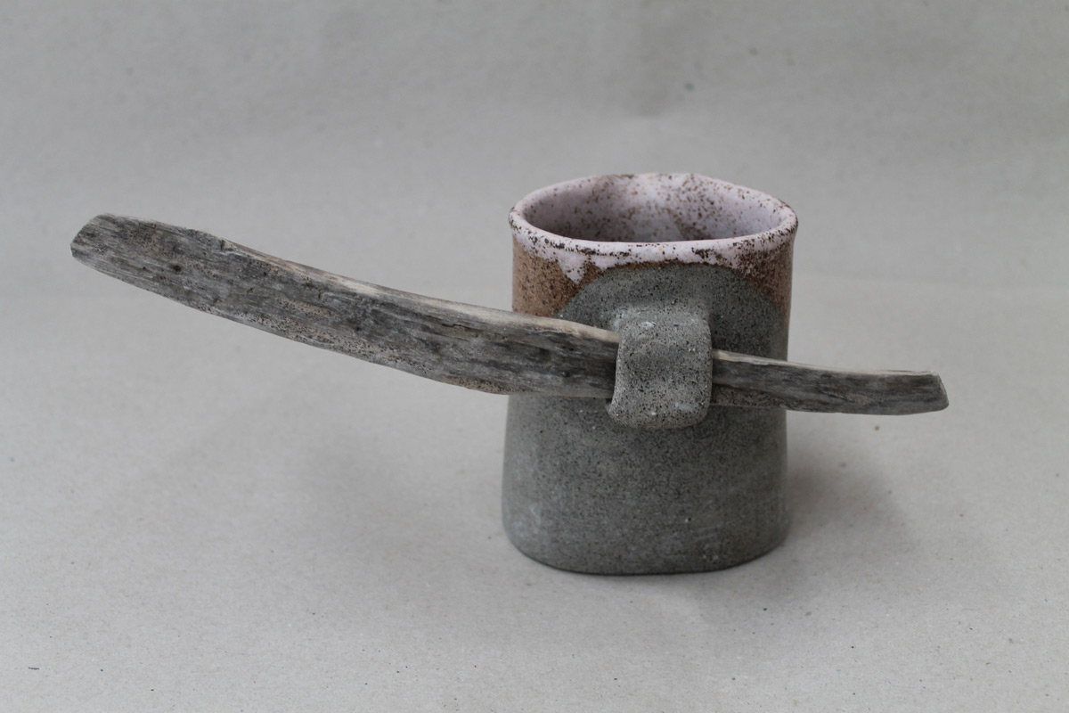 Stoneware Small Grey And Pale Pink Pitcher With Driftwood Handle